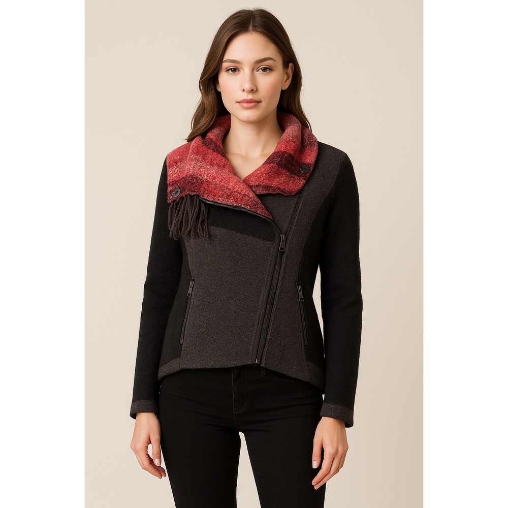 Curio New York Asymmetrical Knit Jacket w/‎ Detachable Boucle Scarf Gray Red S